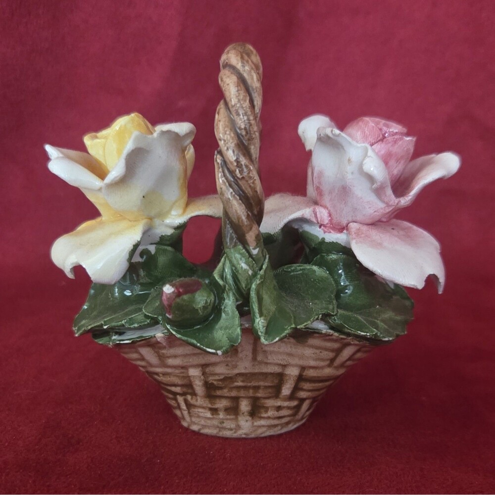 Nuova Capodimonte Hand Painted Ceramic Floral Flower Basket, Glossy Multicolor